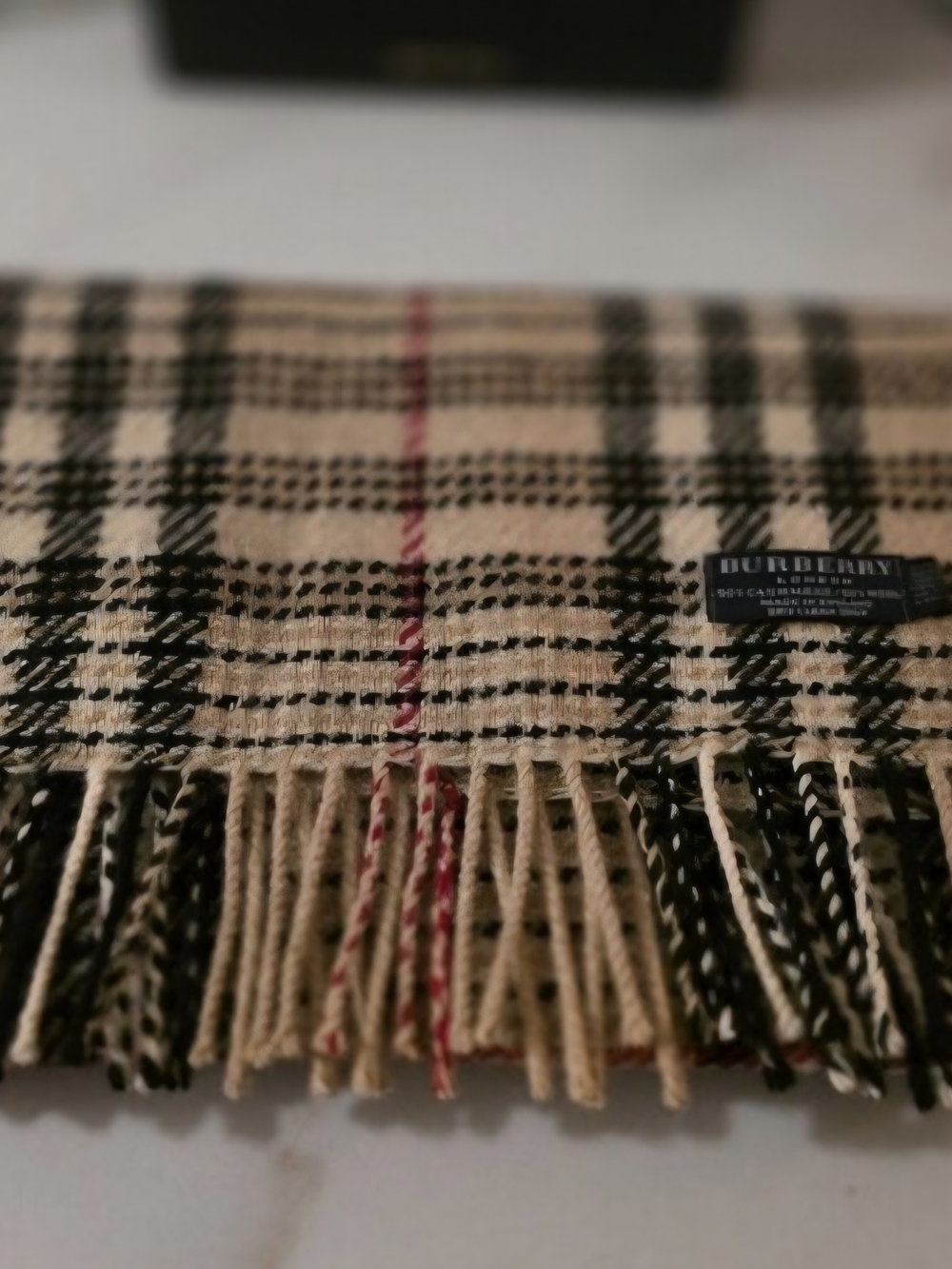 Burberry Tan Black Check Wool Scarf with Red Accent